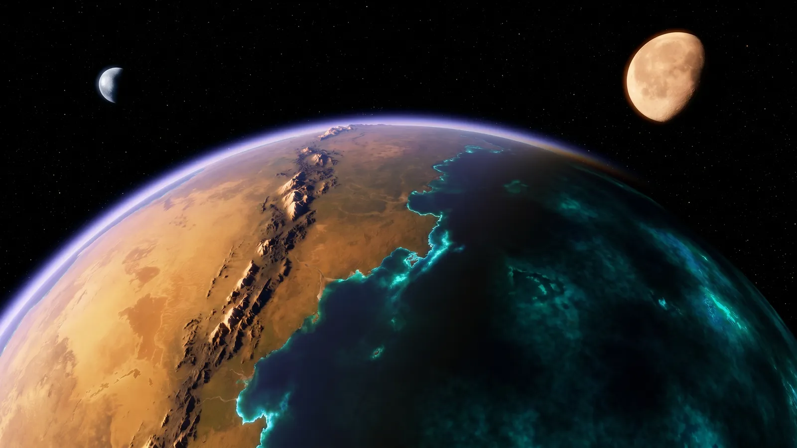 Aethon Prime from orbit — amber-gold continent with the dark Cinderback Range spine visible, bioluminescent blue-green ocean glowing at the terminator, thin blue-violet atmosphere limb, and both moons Solen and Mariva visible in the star field