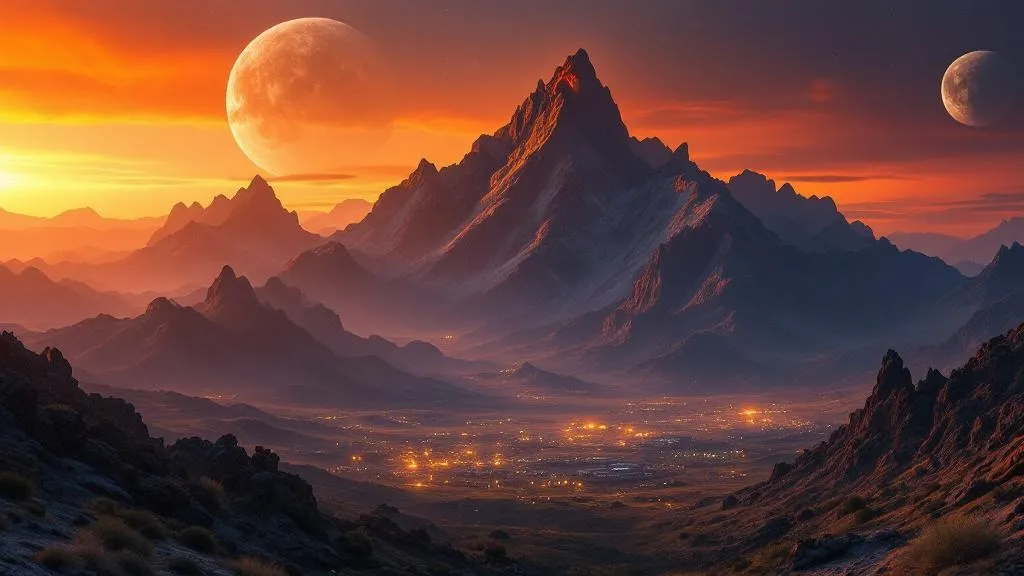 The Cinderback range at dusk — dark basalt peaks rising above the Solace Basin, amber-gold light on the quartzite summits, Aethon Prime