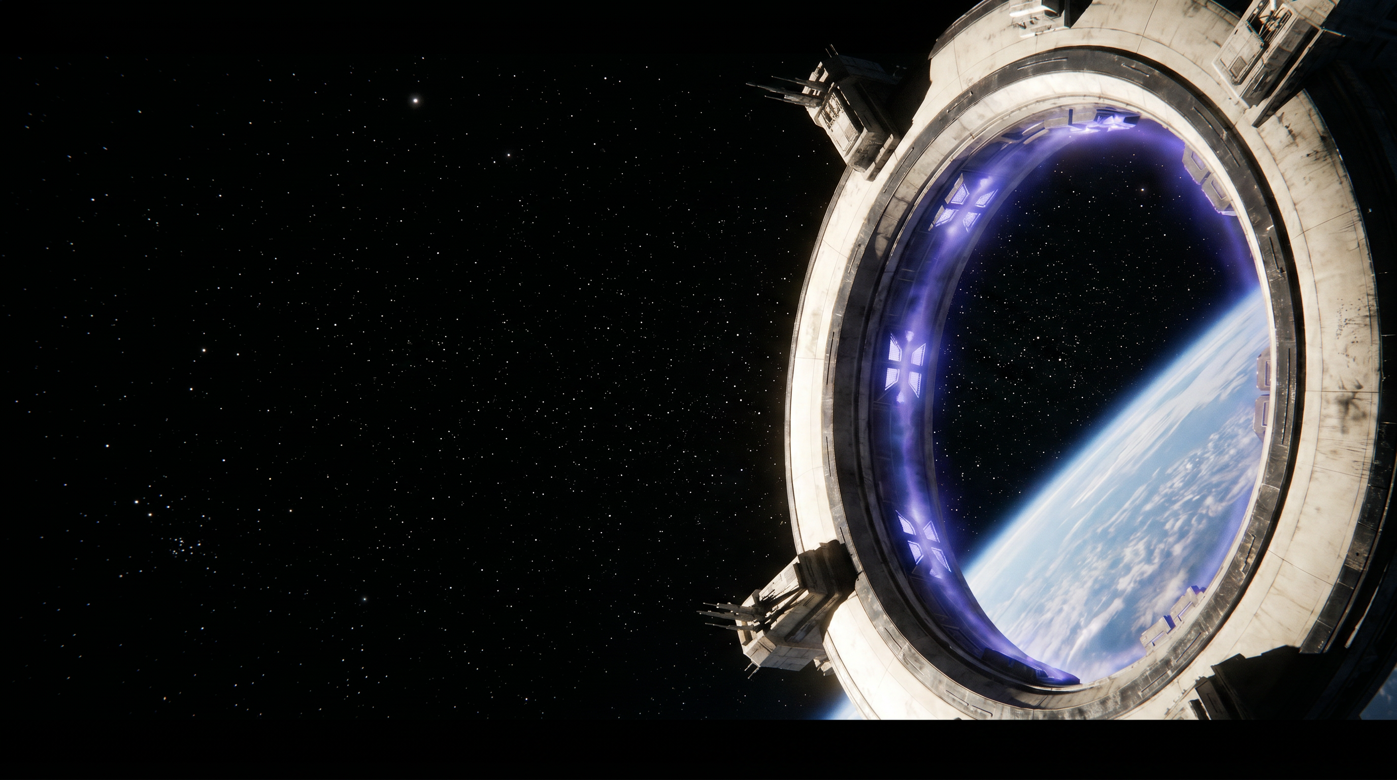 The Velanthra Gate in low Earth orbit — a massive ring structure above England, Earth's curved horizon visible through the aperture, deep space beyond